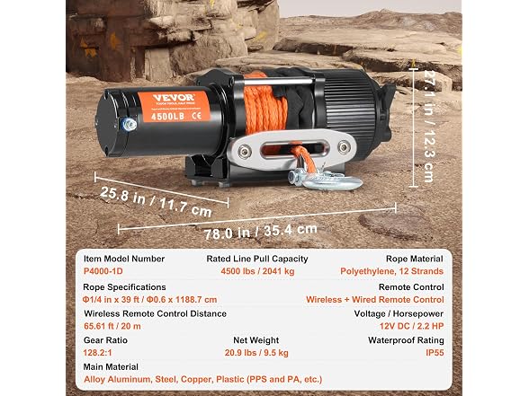Electric Winch, 12V 4500 lb Load Capacity Nylon