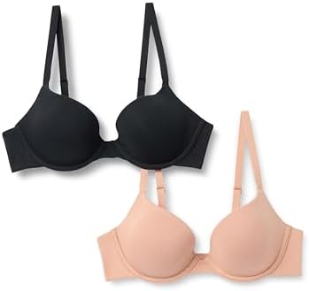 Amazon Essentials Women's Cotton Jersey Lined Wired Plunge Bra, Pack of 2, Black/Washed Bronze, 32A