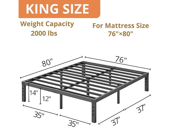 ZIYOO King Bed Frame, Heavy Duty Steel Slat, 14" Platform
