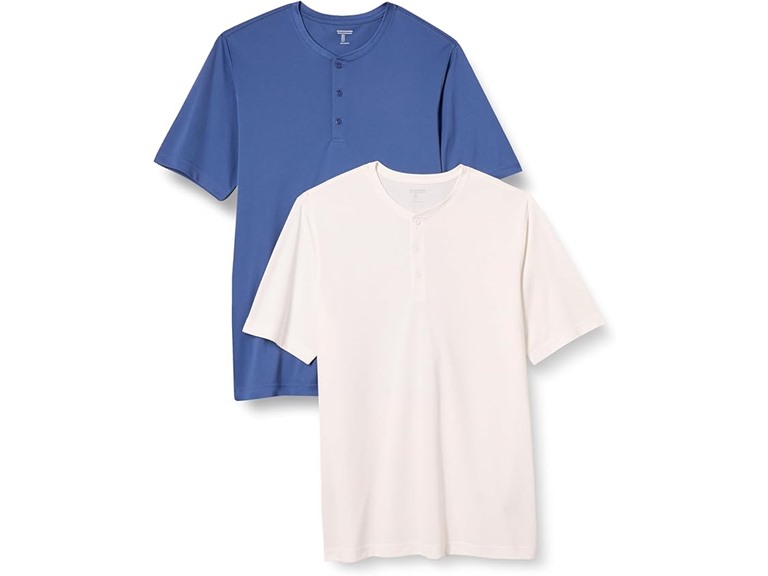 Amazon Essentials Henley Shirts for Men, Short Sleeve, Quick-Dry Jersey, Regular-Fit, 2-Pack, Blue/White, Large