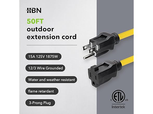HBN 50 ft Heavy Duty Outdoor Extension Cord 12/3
