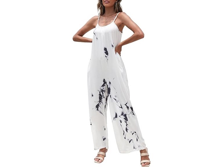 FKEEP Women's Loose V Neck Sleeveless Jumpsuits Adjustable Spaghetti Strap Romper Casual Wide Legs Pants with Pockets(B-White,3X-Large)