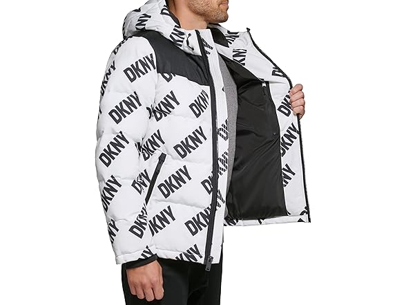 DKNY Mens Shawn Quilted Mixed Media Hooded Puffer Jacket (S)