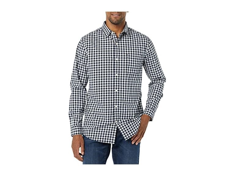 Amazon Essentials Men's Long-Sleeve Slim-Fit Stretch Poplin Shirt, Dark Navy Gingham, X-Small