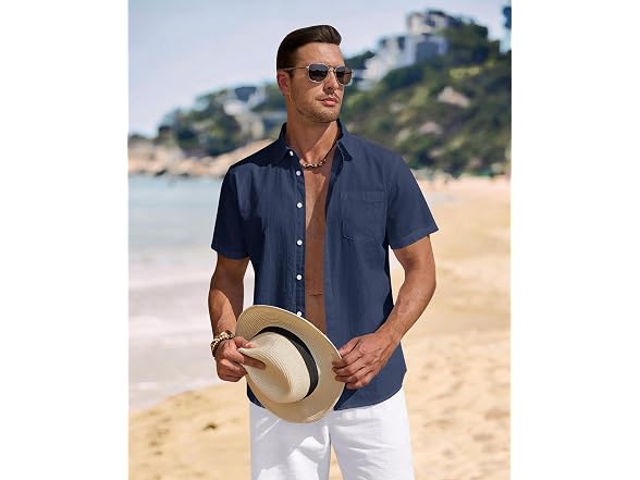 J.ver Men (L) Linen Shirt Short Sleeve Down Shirts