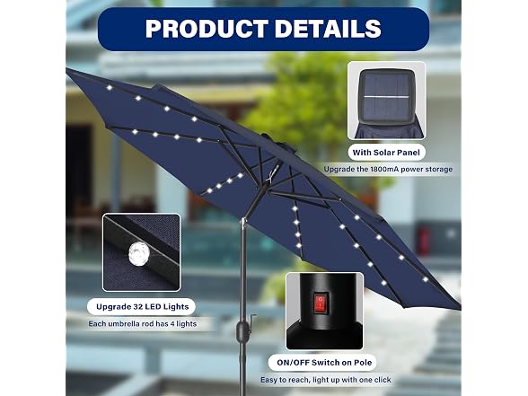 HealSmart 9' Solar Umbrella 32 LED Lighted Patio Umbrella Tilt/Crank
