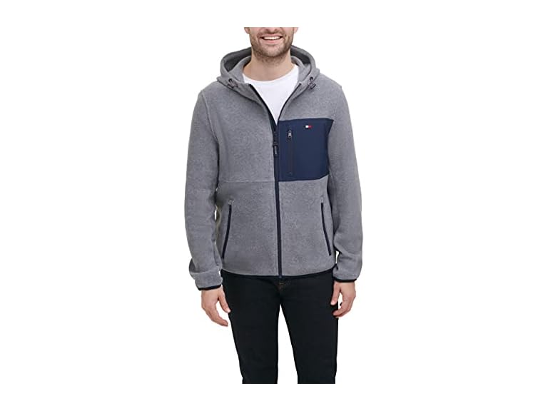 Tommy Hilfiger Men's Hooded Performance Fleece Jacket, Light Grey/Navy Mixed Media, X-Large