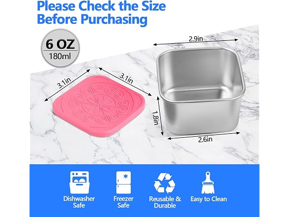 EKACO 6 Pack 180ml/6oz Stainless Steel Snack Containers 