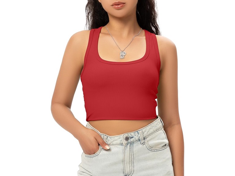 GGOV Sports Crop Tank Tops for Women Cropped Workout Tops Racerback Running Yoga Tanks Cotton Sleeveless Gym Shirts Red