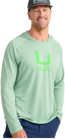 HUK Men's Standard Icon Hoodie, Fishing Shirt with Sun Protection, Fog Green