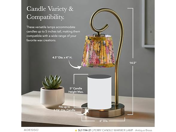 Adesso Candle Warmer Lamp, Antique Brass & Floral Shade