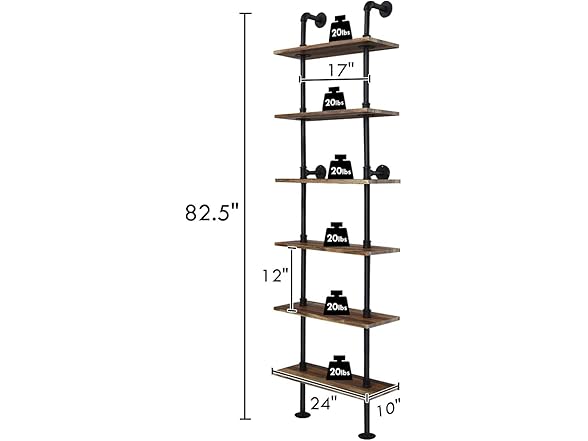 Hysache 6-Tier Pipe Shelves, 82 inch Wall-Mounted Bookshelf 