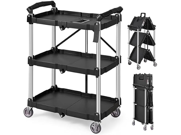 Foldable Utility Service Cart, 3 Shelf 165LBS