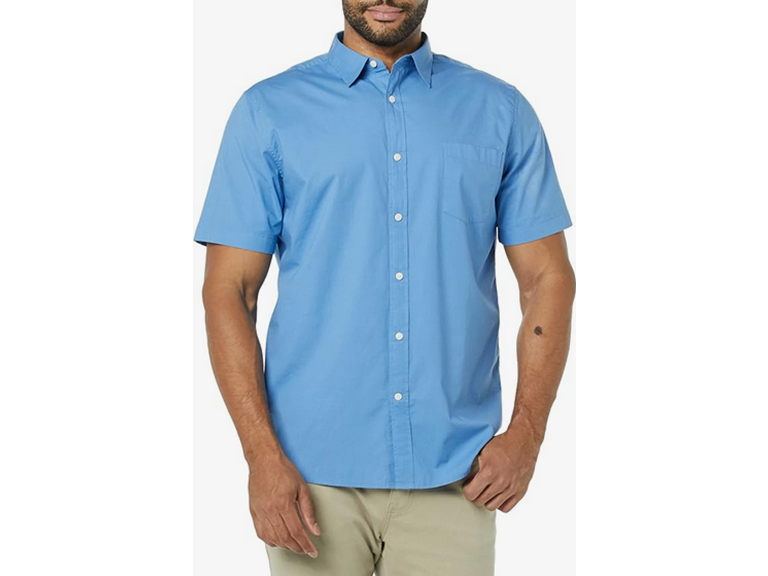 Amazon Essentials Men's Slim-Fit Short-Sleeve Poplin Shirt, Light Blue, Large
