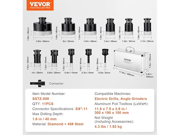 Diamond Core Drill Bit Set, 11 PCS