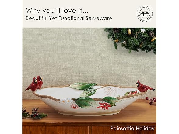 Fitz and Floyd Poinsettia Holiday Cardinal Centerpiece Serve Bowl