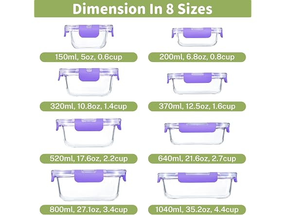 HOMBERKING 8pk Purple Glass Food Containers