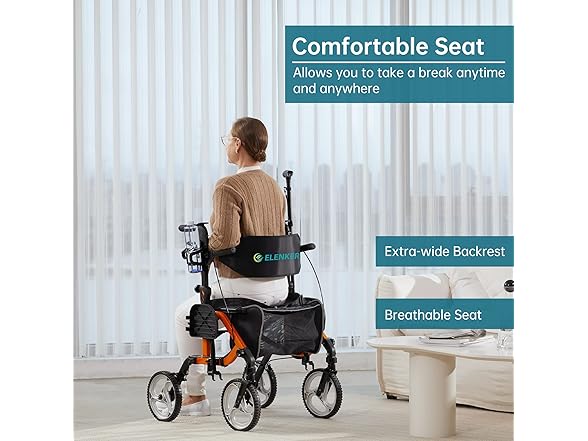 ELENKER 2 in 1 Rollator Walker & Transport Chair, Folding Wheelchair with 10” Non-Slip Wheels for Seniors, Reversible Backrest & Detachable Footrests, Orange (Open Box)