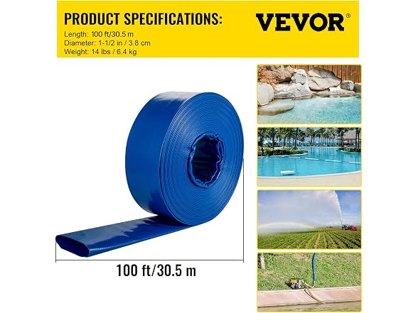 Discharge Hose, 1-1/2" x 100', PVC Fabric Lay