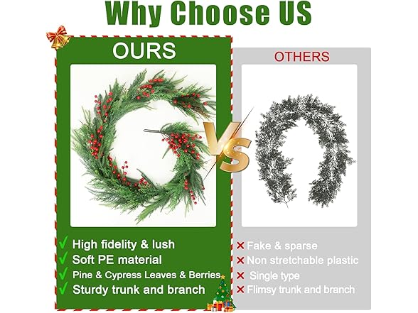 TISEMENT Norfolk Pine Cypress Garlands with Red Berries, 6Ft