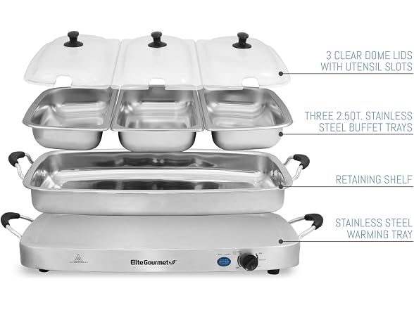Elite Gourmet Triple 3 x 2.5 Quart Trays Buffet Server