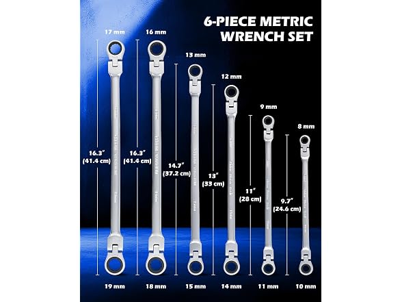 OMT 6Pc Metric Extra Long Flex-Head Ratcheting Wrench Set