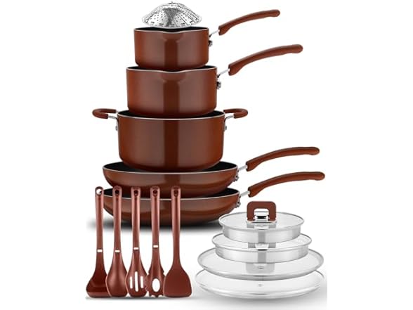 NutriChef 16pcs Brown Stackable Pots and Pans Set