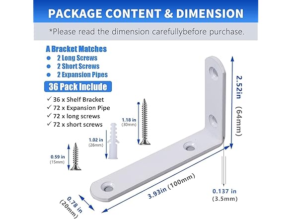 YIKOUJIS 36 Pcs Shelf Bracket,4 Inch White Float