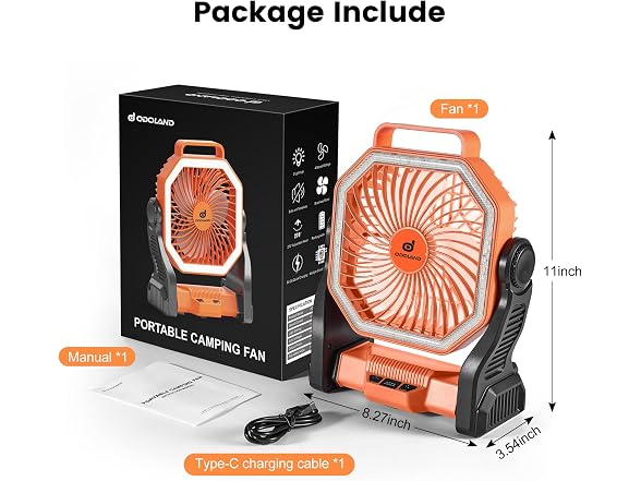 Odoland Orange Rechargeable Camping Fan