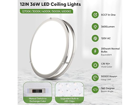 TOBUSA 2-Pack 12" Flush Mount LED Ceiling Lights