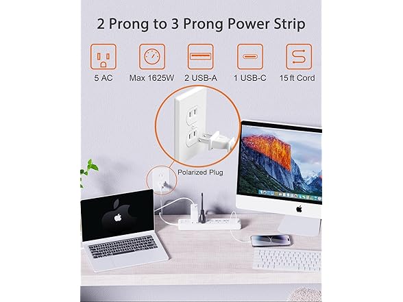 WRXDMC 2 Prong Power Strip, 2 Prong to 3 Prong Outlet Adapter