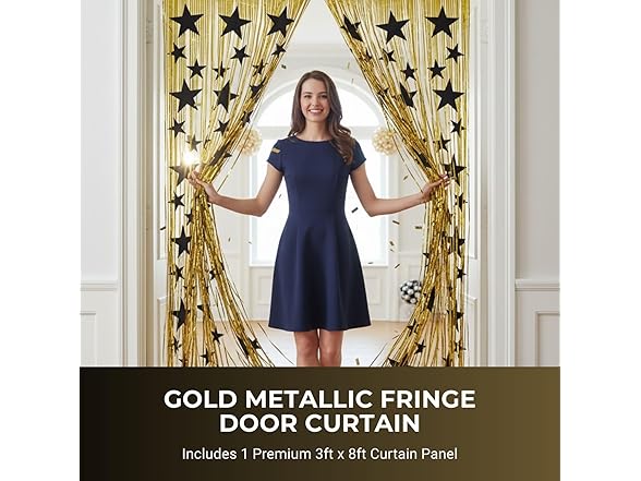 Gold Metallic Fringe Door Curtain with Black Stars