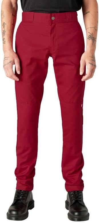 Dickies Men's Skinny Fit Double Knee Work Pants, English Red, 32W x 32L