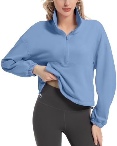 FKEEP Quarter Zip Pullover Women Cropped Sweatshirt Long Sleeve Crop Top Stand Collar Drawstring Casual Pullover zMist Blue XL