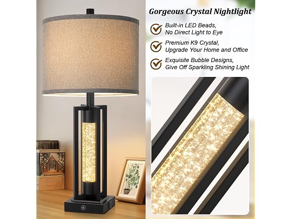 26’’ Farmhouse Table Lamps with Crystal Night Light Set of 2 Black