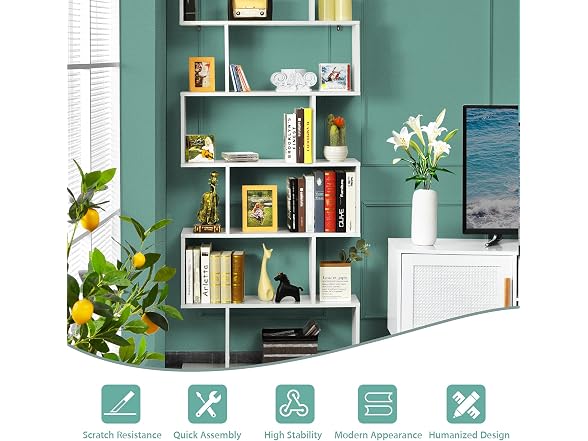 BETTARY 6-Tier S-Shaped Bookshelf White