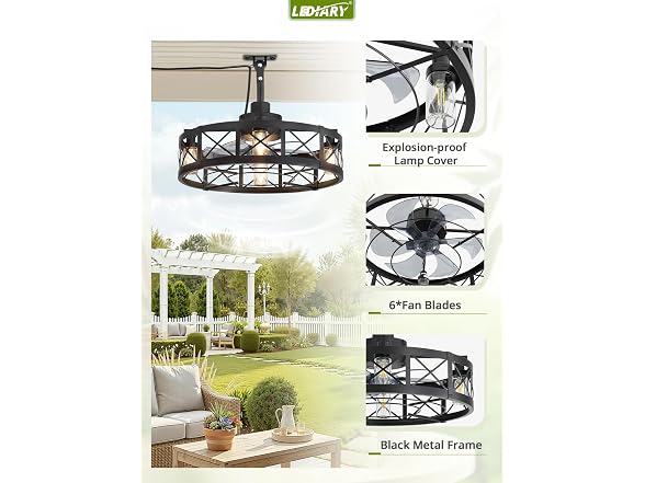 LEDIARY Black 22" Outdoor Ceiling Fan with Lights
