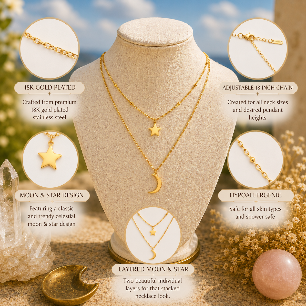 18K Gold Moon & Star Layered Necklace - Gallery 6