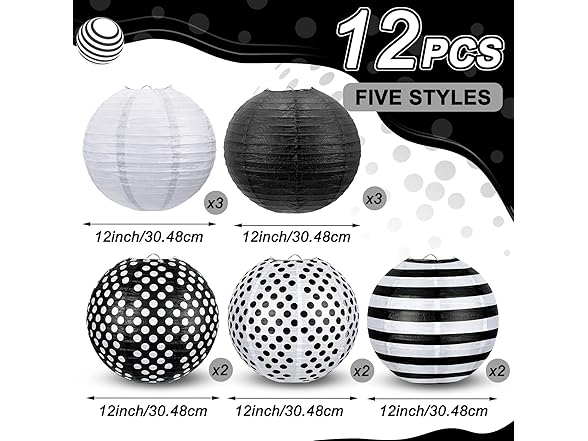 12 Paper Lanterns Black & White 12 Pcs