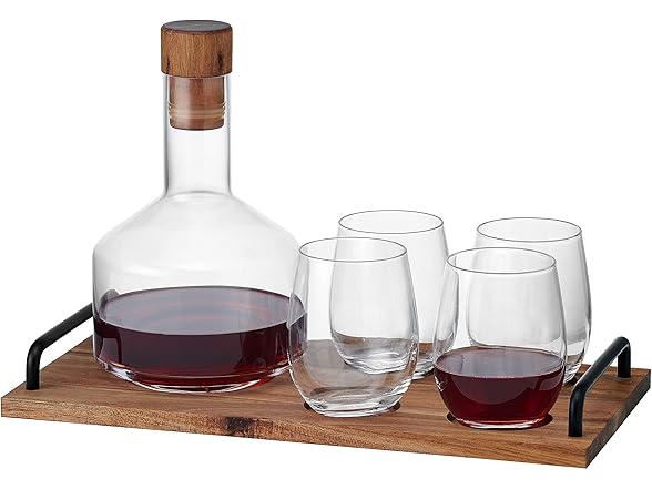 lass Acacia Wood 7 PC  Wine Decanter Carafe Serving Set