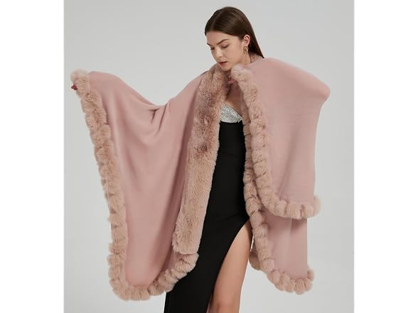 Tngan Women (OS) Faux Fox Fur Trim Cardigan Cape