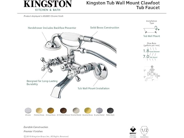 Kingston Brass KS265C Clawfoot Tub Wall Mount Faucet