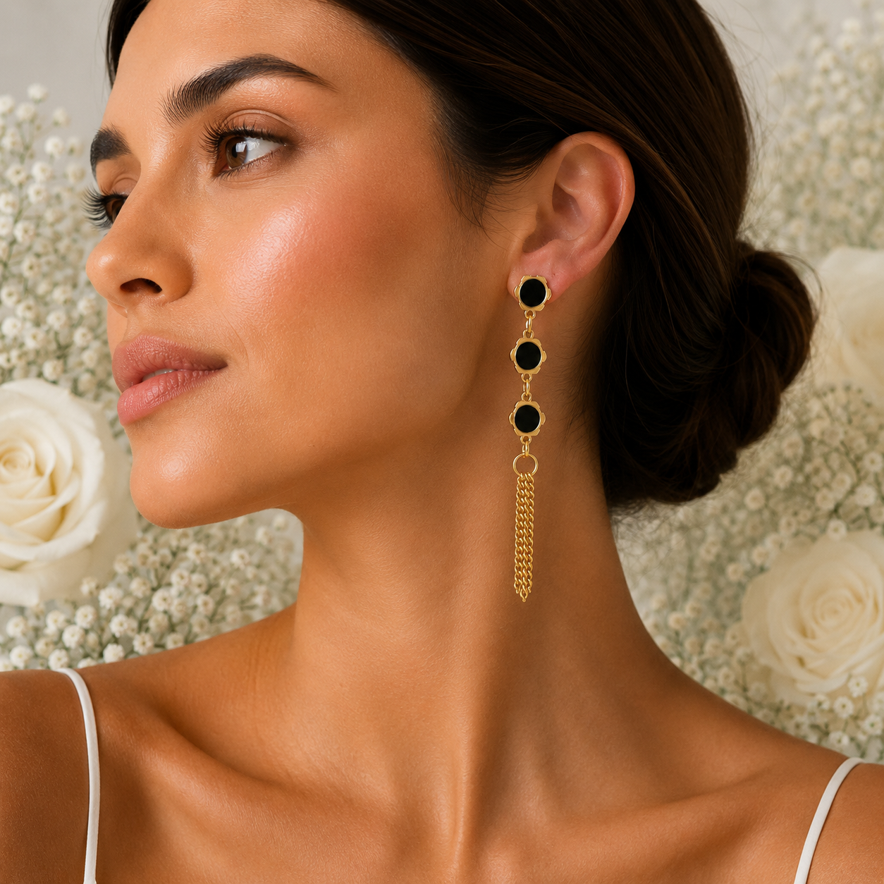 18K Gold Black Stone Tassel Earrings - Gallery 6
