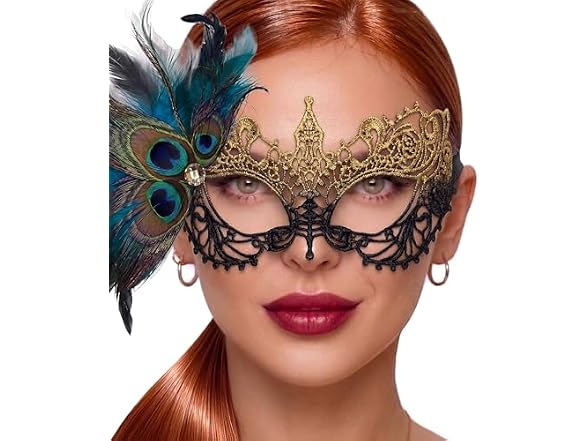 Luxury Mask Kids (OS) Black Gold Peacock Feather M