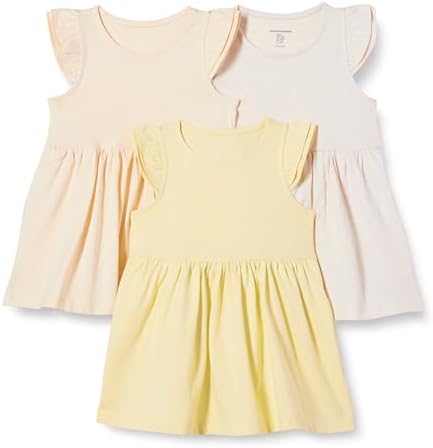 Amazon Essentials Girls' Ruffle Jersey Dress, Pack of 3, Beige/Oatmeal Heather/Pastel Yellow, Large