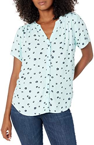 Amazon Essentials Women's Relaxed-Fit Short-Sleeve Woven Blouse, Aqua Blue Poppy, XX-Large