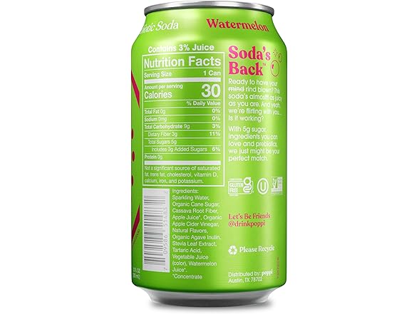 1CT Poppi Sparkling Prebiotic Soda Beverage, Watermelon