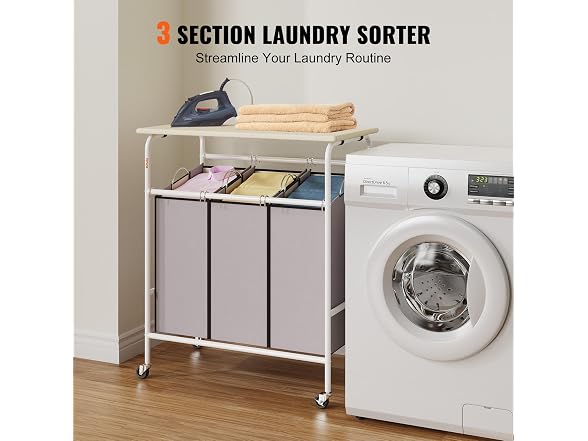 3-Section Laundry Sorter Cart with Ironing