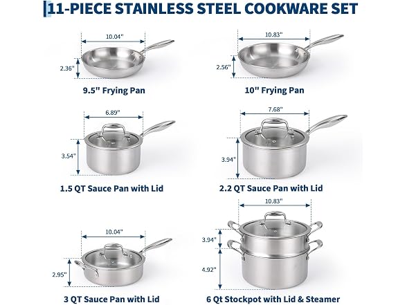 11 Piece 3-Ply Stainless Steel Pots and Pans Set