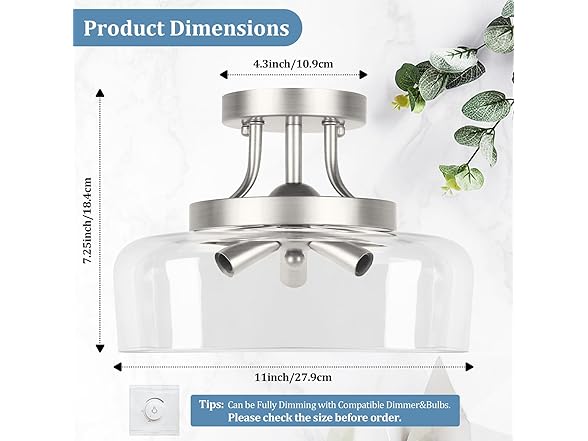 TOBUSA 3-Light Silver Semi Flush Mount Light Fixture